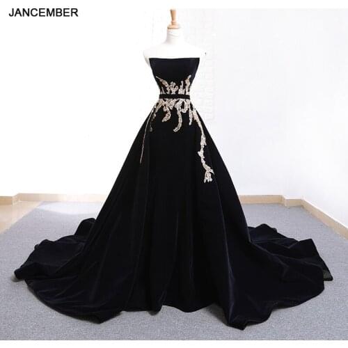 J66680 jancember black evening dress 2019 sexy strapless boat neck backless pattern evening party gown with belt فساتين سواريه