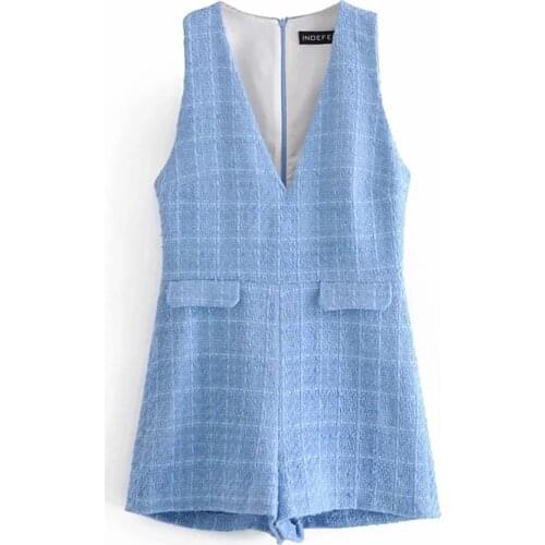 BBWM Women Blue Tweed Texture Shorts Jumpsuit with Zipper Sleeveless Fashion Overall Romper Playsuits Spring Autumn 2021