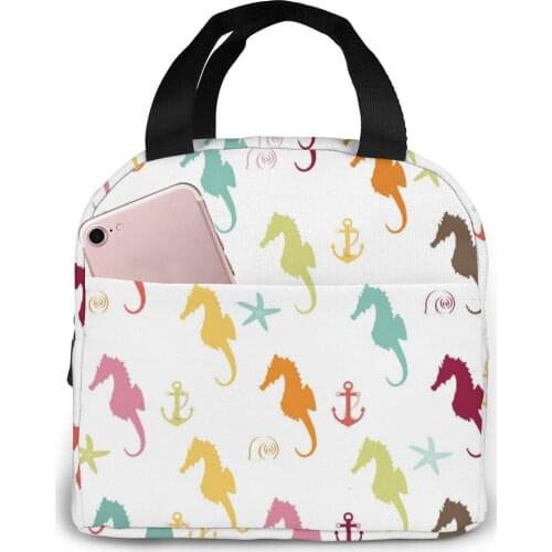 Colorful Seahorse And Anchor Lunch Bag Portable Insulated Thermal Cooler Bento Lunch Box Tote Picnic Storage Bag Pouch