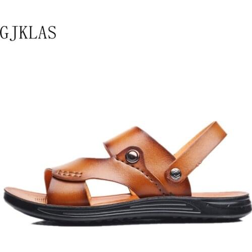 Summer New Fashion Men Shoes Vintage Real Leather Non-slip Beach Slip-On Sandals Travel Flip Flop Slippers Black Brown Beach