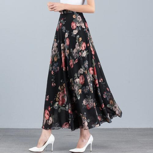 Fashion Chiffon Skirt Femme Elegant Loose High Waist Long Skirts Womens Clothes Streetwear Print A-Line Black Skirt Faldas Q4633