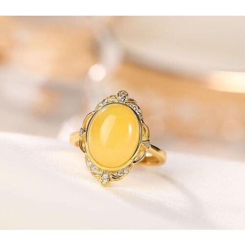 Natural Court Exquisite Amber Ring S925 Sterling Silver Creative All-Match Light Luxury Ladies Opening Hand Jewelry