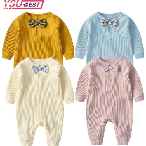 Newborn Infant Baby Boys Girls Romper Bow Cotton Knitted Ribbed Long Sleeve Solid Jumpsuit Toddler Clothes Outfits 6 Color