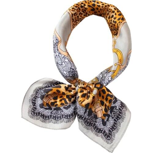100% Silk Scarf Women Fashion Small Kerchief Bandana Leopard & Belt Print Neck Hairband Headband Turban 53*53cm