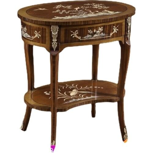 Luxury Oval Double-Layer Copper Flower Copper Feet Hand Drawn Flowers and Birds Wood Color Painted Mini Corner Table