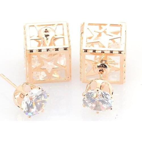 Double face stud earring unique designed crystal earring hollow square shape and crystal inside earring