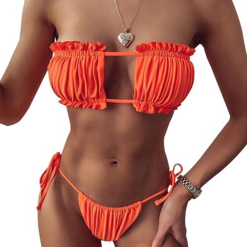 2021 Sexy Bikini Pleated Bandeau Swimsuit Female Swimwear Women Mini Thong Bikini Set Bath Swimming Beachwear for Bathing Suit
