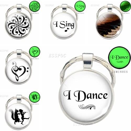 Luminous I Dance , I Sing Music Quote Keychains Glass Cabochon Jewelry Glowing Treble Bass Clef key chian Music Lover Gifts