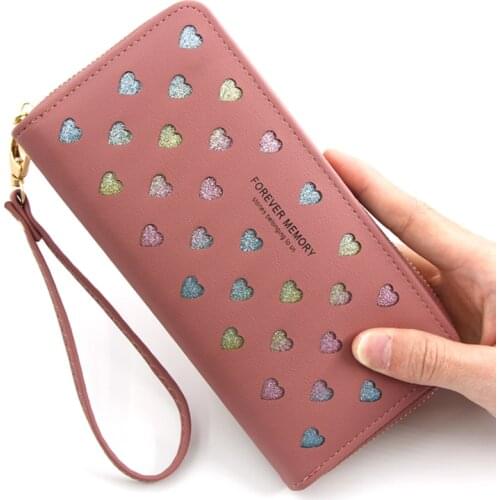 High Capacity Card Holder Clutch Wallets Women Wallet Long Love Heart Hollow Design Purse for Phone Leather