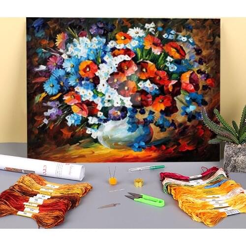 Oil Style Poppies Printed Water-Soluble Canvas 11CT Cross Stitch DIY Embroidery Complete Kit DMC Threads Different