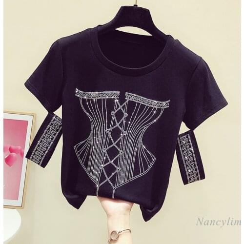 Rhinestone Shiny Printed Round Neck Short Sleeve T-shirt for Women 2021 Summer New Fashion Casual All-Matching Black Tops