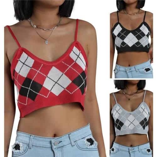 Womens Sexy Argyle Printed Camisole Sleeveless Spaghetti Strap Knitted Crop Cami Tops