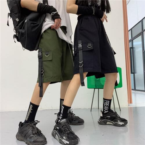 Womens Pants Pure Cotton Overalls Shorts New Summer Hip-hop Korean Straight Leg Pants Loose Five-point Pants Vintage Harajuku