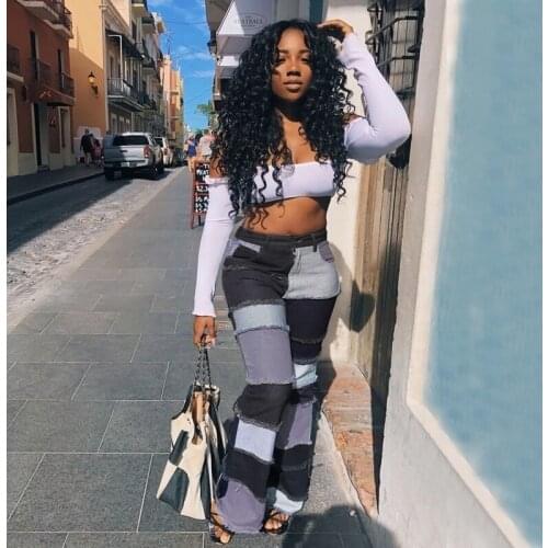 Plus Size Patchwork Jeans Mom Jeans High Waist Ripped Jeans for Woman Wide Leg Flare Boyfriend Baggy Pantalon Cargo Pants Women