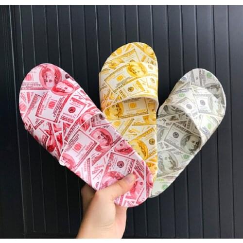 DollarsMoney Print Sandals Women Thin Flate Slippers Unisex Flat Shoes Summer Bench Turned-over Edge Non-Slip Lovers Flip Flops