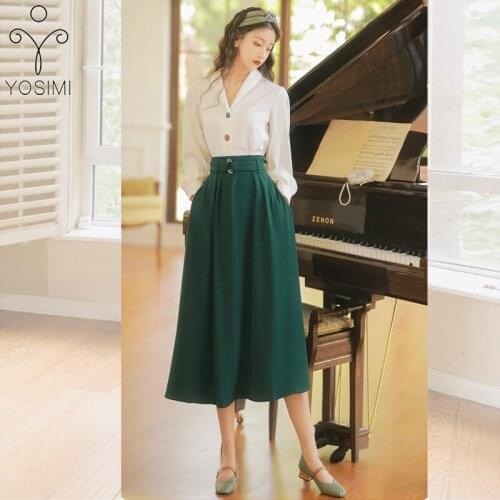 YOSIMI Women 2 Piece Outfits 2021 Autumn Long Sleeve White Shirt Blouse and Green Mid-calf Skirt Office Lady Skirt and Top Sets