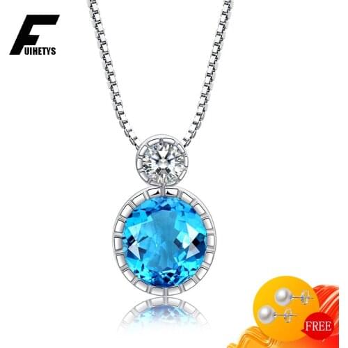 Elegant Necklace 925 Silver Jewelry Round Shaped Sapphire Zircon Gemstone Pendant Accessories for Women Wedding Promise Party