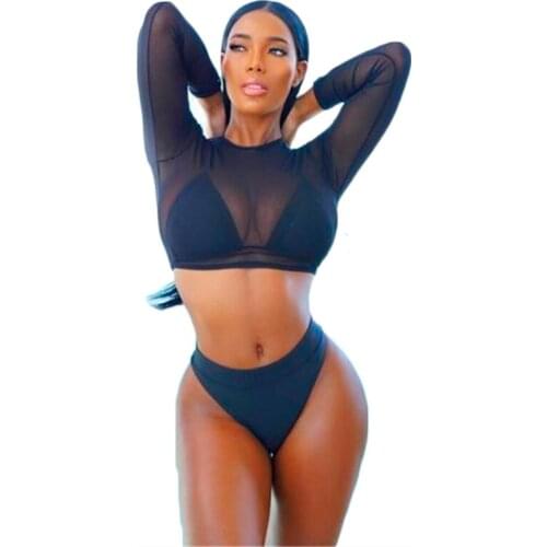 2018 3pcs Hot Swimsuits Summer Sexy Women Mesh Long Sleeve blouse Push Up Bra Bikini set See-through Solid Swimwear Beachwear