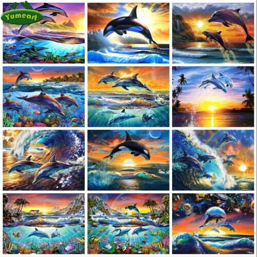 5D DIY Diamond Painting by Number Full Square Jumping Dolphin Art Needlework Diamond Embroidery Mosaic Animal Decorations Home