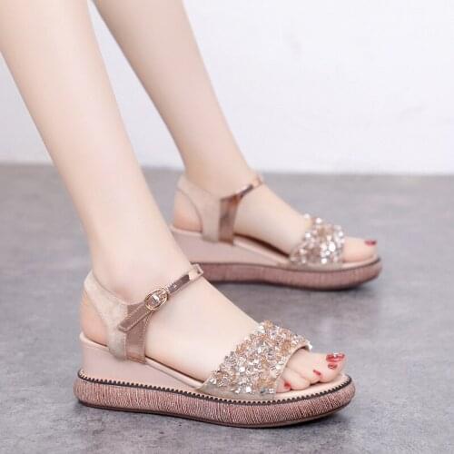 2021 female sandals new fairy style fashion wedge heel shoes summer round head open toe flat bottom buckle rhinestone B813