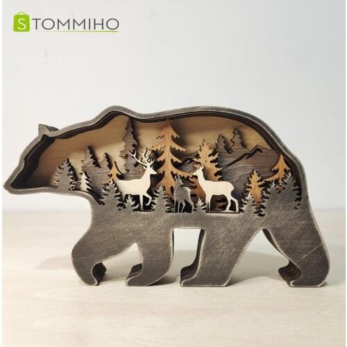 STOMMIHO Nordic Style Wooden Bear Elk Deer Figurines Ornaments Woodcarving Craft Desktop Decorations Home Decor Christmas Gift