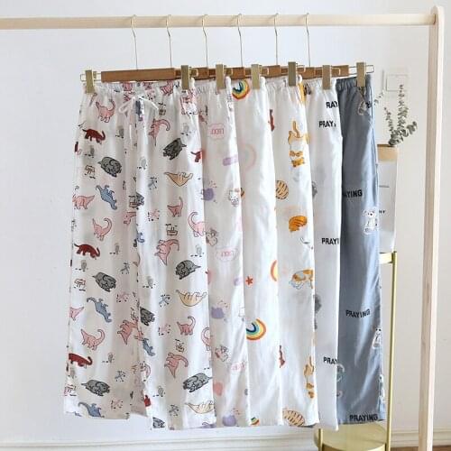 Cotton Double-layer Gauze Pajama Pants Female Cartoon with Side Pockets Loose Woven Trousers Spring Summer and Autumn Home Pants