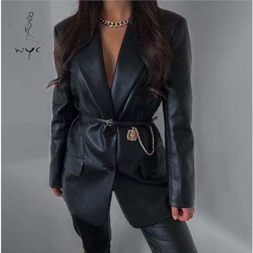 New Fashion Casual Womens Black V-neck Coats Faux Leather Clothing Female Long Sleeve Jackets Clothes Oversizes Autumn Spring