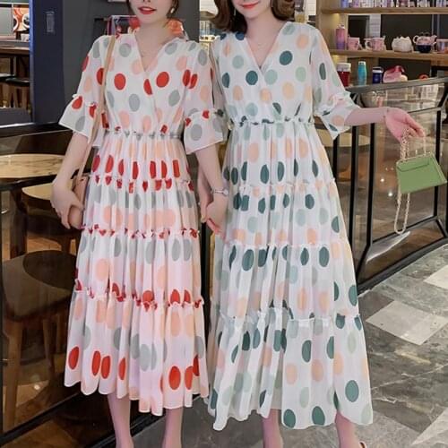 Summer Plus Size Dress Female 2021 New Korean Fashion Loose Short-Sleeved Chiffon High Waist Wave Point Pregnant Woman Dresses