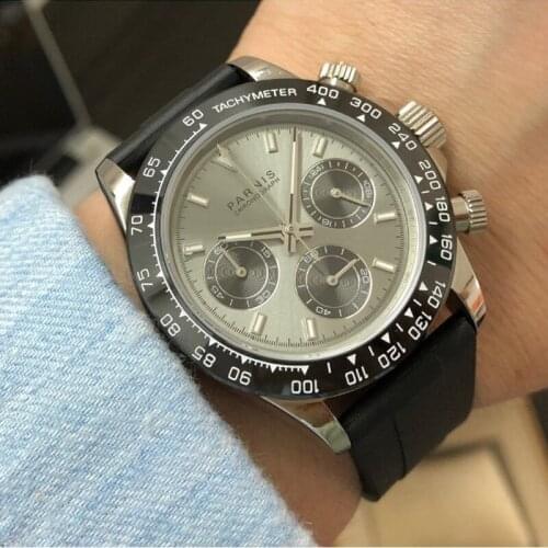 New Arrived 2019 Parnis 39mm Quartz Men Watches Chronograph Gray Dial Sapphire Crystal Rubber Strap Luminous Mens Wrist Watch