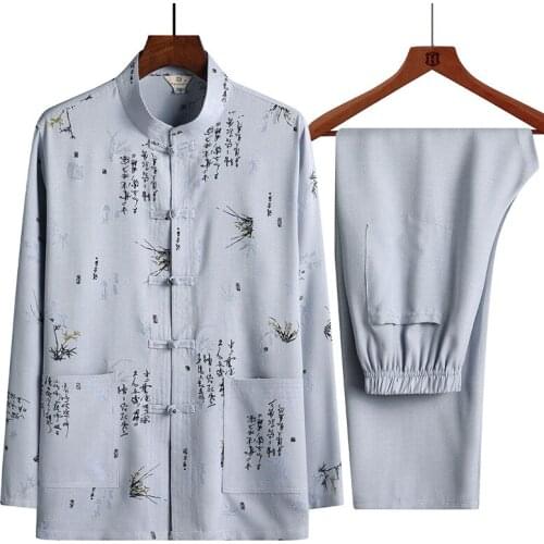 Long Sleeve Men KungFu Suit Traditional Chinese Mandarin Taichi Clothes Classic Cotton Linen Hanfu Set Casual Male Wushu Uniform