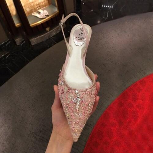 2021 Summer New Handmade Womens Sandals Lace Exquisite High-heeled Pointed Pink Diamond Bridal Wedding Party Dress Shoes