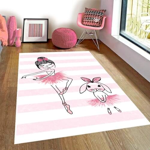 Pembe Çocuk Odası Halısı tavşan hayvan kız dans bale beyaz pembe çocuk halısı