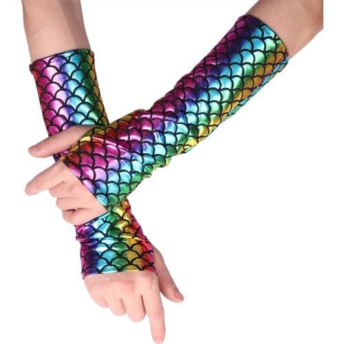 Women Mermaid Long Gloves Arm Sleeves Fish Scale Pattern Printed Fingerless Adult Halloween Party Costume Accessory Party Gloves