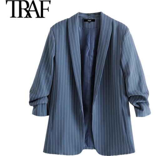 TRAF Women Fashion Office Wear Plaid Blazers Coat Vintage Pleated Sleeves Pockets Female Outerwear Chic Tops