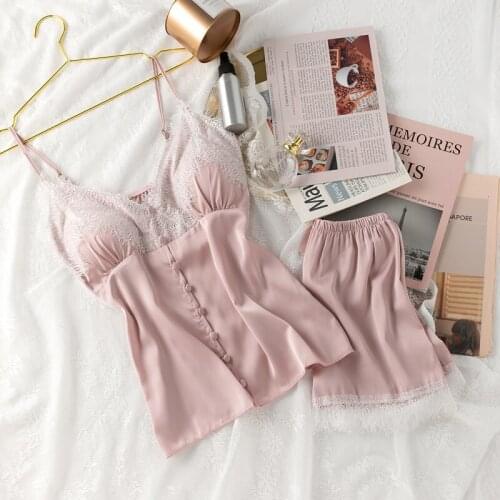 PJS Set For Women Faux Silk Pajamas Sexy Sleepwear Two Piece Set Lace Strap Top&Shorts Nightwear Satin Lounge Wear Lingerie