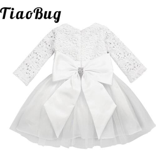 Infant Baby Girls Long Sleeves Lacework Flower Girls Dress with Detachable Bowknot Princess Pageant Wedding Party Tutu Dress