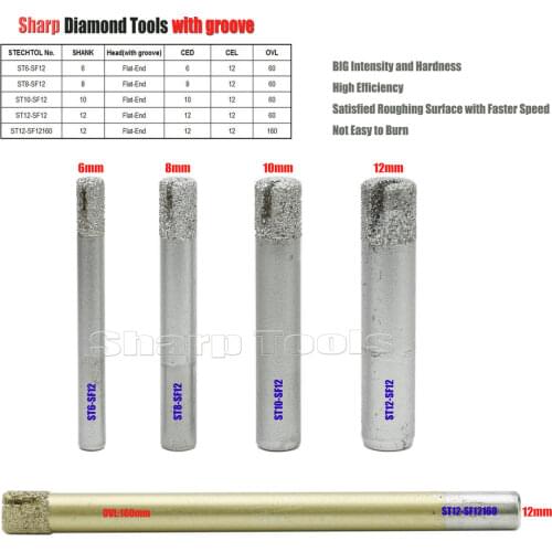 SHK-8mm (with Slot) Flat Bottom Diamond CNC Milling Cutter Tool for Marble Tile Stone Cutting Tools, 5pcs Roughing End Mill Set