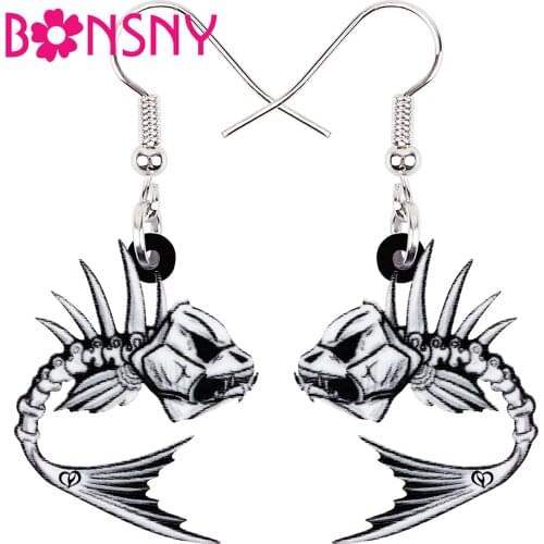 BONSNY Halloween Acrylic Horror Fish Skull Skeleton Earrings Fashion Big Drop Dangle Novelty Jewelry For Women Girls Teens Gifts