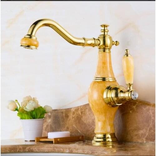 Vidric Basin Faucet Gold Crane Brass Jade Body 360 Degree Swivel Bathroom Basin Faucet Deck Mount Counter top Water Mixer Tap