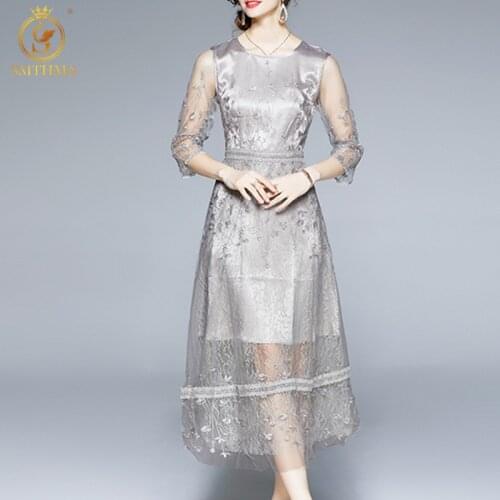 SMTHMA New Fashion Runway Autumn Party Dress Womens Elegant Mesh Embroidery Flowers Holiday Mid Dress Vestidos