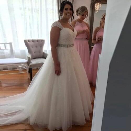 Real Photos Cap-Shoulder A-Line Wedding Dresses Robe De Mariee Beaded Sash Court Train Elegant Bridal Gown Bride Dresses 2021
