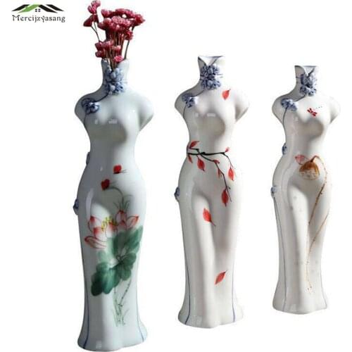 Flowers Vases Table Centerpiece Plant Vase Ceramic Art Tabletop Hand-painted Cheongsam Flower Holder for Home Decoration G083