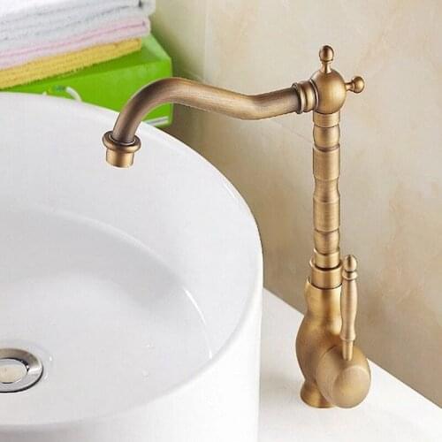 Vintage Retro Antique Brass Single Handle Swivel Spout Kitchen Sink Faucet Cold & Hot Mixer Tap asf012