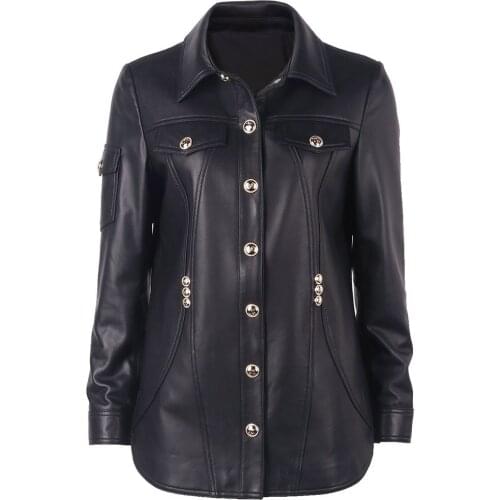 YOLOAgain Women Genuine Leather Jacket Ladies Single Breasted Black Leather Shirt