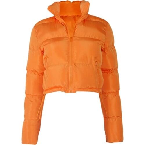 Women Winter Long Sleeve Puffer Jacket Zip Up Solid Color Cropped Bubble Coat Drawstring Hem Quilted Parkas with Pockets