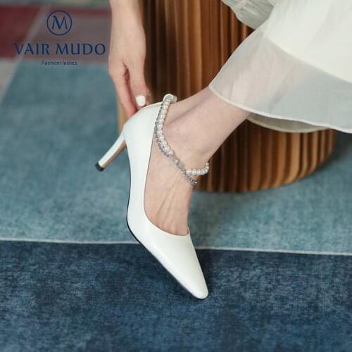 VAIR MUDO Women Pumps Shoes Elegant Summer Outside String Bead White Black Footwear Female Handmade Shoes Women Pointed ToeD241L