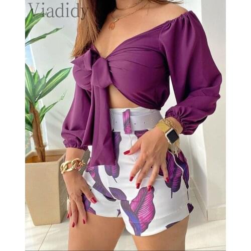 Women Sexy Deep V Neck Tie Front Desigh Crop Top and High Waist Shorts Summer Floral Print 2pcs Set