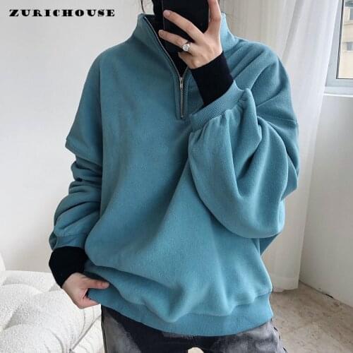 ZURICHOUSE Stylish Zip Up Half Open Stand Collar Women Sweatshirts Autumn Winter Fashion Oversized Fleece Hoodie Femme