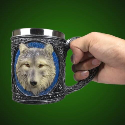 1Piece New Resin Stainless Steel 3D Coffee Cup Mug Wolf Head Wine Goblet Drinking Cup Creative Drinkware