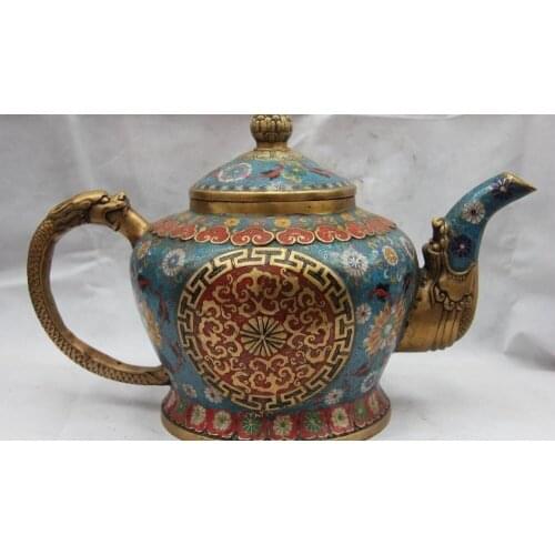 13" Chinese Palace Bronze Copper Cloisonne Enamel Dragon Teapot Flagon Wine Pot